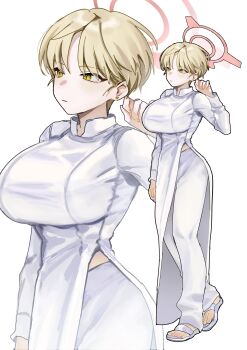 Rule 34 | 1girl, absurdres, blonde hair, blue archive, breasts, collared dress, dantyou2525, dress, earrings, feet, gold earrings, halo, highres, jewelry, large breasts, long dress, long sleeves, marina (blue archive), pants, popped collar, red halo, sandals, short hair, side slit, white dress, white pants, white sandals, yellow eyes