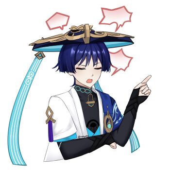 Rule 34 | 1boy, armor, black bodysuit, black bridal gauntlets, blank speech bubble, blue cape, blue gemstone, blue hat, blue kimono, blue sleeves, blunt ends, bodysuit, bridal gauntlets, cape, closed eyes, cropped torso, derivative work, eyeliner, eyeshadow, facing to the side, fingernails, gem, genshin impact, gold, hand up, hat, highres, index finger raised, japanese armor, japanese clothes, jingasa, juban, kimono, kote, kurokote, layered sleeves, makeup, male focus, mandarin collar, melyuuto, open clothes, open kimono, open mouth, purple hair, purple rope, red eyeliner, red eyeshadow, rope, scaramouche (genshin impact), short sleeves, solo, speech bubble, twitter username, wanderer (genshin impact), white background, white kimono, white sleeves, white trim