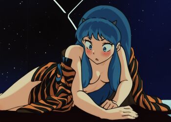 black_jacket blue_eyes blue_hair blush breasts hair_over_breasts highres jacket long_hair lum lying multicolored_jacket non-web_source open_mouth orange_jacket sky small_breasts star_(sky) starry_sky striped_clothes striped_jacket tagme thighs topless_female two-tone_jacket unworn_jacket urusei_yatsura wide-eyed