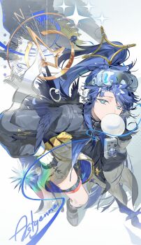 Rule 34 | 1girl, absurdres, arknights, astgenne (arknights), astgenne the lightchaser (arknights), black jacket, black shirt, black shoes, blowing bubble gum, blue eyes, blue hair, camera, character name, chewing gum, commentary request, compass, feathers, goggles, goggles on head, highres, infection monitor (arknights), jacket, liliyfox, long hair, looking at viewer, looking up, ponytail, shirt, shoes, solo, sparkle, wings