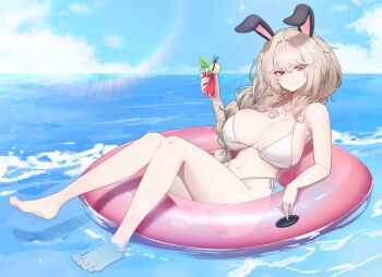 1girl absurdres animal_ears barefoot bikini breasts character_request closed_mouth collarbone copyright_request cup food fruit highres holding holding_cup ilsae large_breasts lemon lemon_slice long_braid navel purple_eyes rabbit_ears shadow smile swim_ring swimsuit thighs virtual_youtuber water