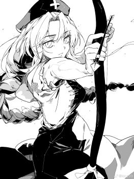 Rule 34 | 1girl, arrow (projectile), bow (weapon), braid, breasts, chinese commentary, closed mouth, commentary request, constellation print, dress, greyscale, hat, highres, holding, holding bow (weapon), holding weapon, large breasts, long hair, looking at viewer, monochrome, nurse cap, print dress, print hat, puffy short sleeves, puffy sleeves, seiryo0425, short sleeves, single braid, solo, touhou, two-tone dress, very long hair, watermark, weapon, weibo watermark, yagokoro eirin