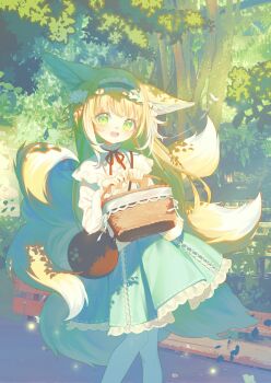 Rule 34 | 1girl, :d, animal ears, arknights, bag, basket, blonde hair, blue hairband, blue skirt, brown bag, cardigan, chinese commentary, colored tips, commentary request, cross-laced clothes, cross-laced skirt, feet out of frame, fox ears, fox girl, fox tail, frilled hairband, frilled skirt, frills, green eyes, hairband, highres, holding, holding basket, kitsune, kyuubi, long hair, long sleeves, looking at viewer, mixed-language commentary, multicolored hair, multiple tails, murasaki satori, neck ribbon, official alternate costume, open mouth, outdoors, pantyhose, puffy long sleeves, puffy sleeves, red ribbon, ribbon, shirt, shoulder bag, skirt, smile, solo, suzuran (arknights), suzuran (spring praise) (arknights), tail, teeth, two-tone hair, upper teeth only, white cardigan, white hair, white pantyhose, white shirt