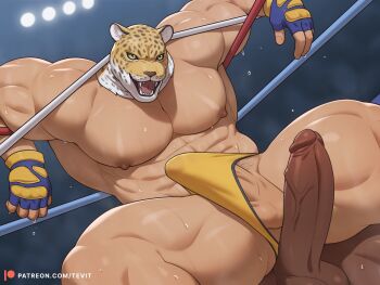 2boys abs animal_ears armor_king bara bare_pectorals biceps bulge commentary dark-skinned_male dark_skin english_commentary erection erection_under_clothes fake_animal_ears fangs fingerless_gloves gloves highres king_(tekken) male_focus male_underwear masked multiple_boys muscular muscular_male nipples no_pants open_mouth patreon_logo patreon_username pectorals penis sweat tekken testicles tevit_(tevit15) topless_male underwear veins veiny_penis very_sweaty wrestling_outfit wrestling_ring yaoi yellow_male_underwear