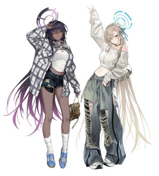 2girls absurdres alternate_costume asuna_(blue_archive) bag blonde_hair blue_archive blue_eyes blue_halo blue_pants blush breasts casual choker collarbone crop_top dark-skinned_female dark_skin denim denim_shorts full_body grin hair_over_one_eye halo handbag headphones highres karin_(blue_archive) large_breasts long_hair long_sleeves looking_at_viewer midriff minj_kim multiple_girls navel pants puffy_long_sleeves puffy_sleeves purple_hair purple_halo shoes shorts shoulder_bag simple_background single_bare_shoulder smile sneakers solo sweater torn_clothes torn_pants v very_long_hair white_background white_shoes white_sweater yellow_eyes