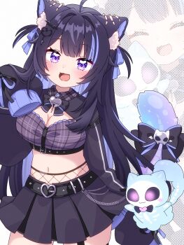 1girl ahoge animal_ear_fluff animal_ears bat_hair_ornament bell belt black_belt black_bow black_bowtie black_hair black_skirt bow bowtie breasts chain cleavage hair_ornament hair_ribbon heart heart_hair_ornament heart_in_eye highres indie_virtual_youtuber long_hair midriff miniskirt mmmera827 navel neck_bell nekrolina open_mouth plaid_clothes pleated_skirt purple_eyes purple_ribbon ribbon second-party_source skirt sleeves_past_fingers sleeves_past_wrists smile symbol_in_eye tail tail_bow tail_ornament virtual_youtuber