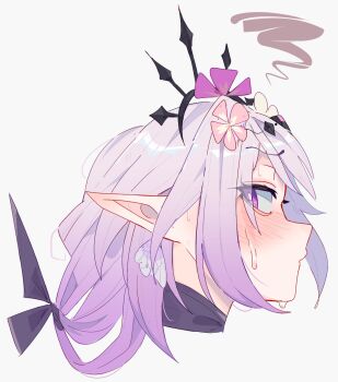 1girl black_tiara blush bright_pupils castorice_(honkai:_star_rail) commentary english_commentary flower from_side grey_background hair_flower hair_ornament highres honkai:_star_rail honkai_(series) looking_at_viewer pink_flower pointy_ears purple_eyes purple_flower purple_hair simple_background solo tiara unfamousradish white_pupils
