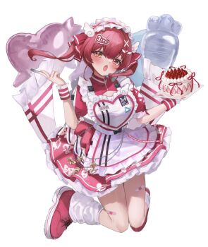 1girl apron balloon bandage_on_thigh breasts cake commentary_request dress food fork frilled_apron frills full_body hair_ornament hair_ribbon heart_apron heterochromia highres holding holding_cake holding_food holding_fork hololive hololive_3rd_generation_live_outfit houshou_marine jersey_maid large_breasts layered_dress leg_warmers long_hair looking_at_viewer maid maison_de_cante official_alternate_costume open_mouth puffy_short_sleeves puffy_sleeves red_dress red_eyes red_hair red_ribbon red_shoes red_wrist_cuffs ribbon shoes short_sleeves simple_background solo teeth twintails unconventional_maid upper_teeth_only virtual_youtuber white_apron white_background white_leg_warmers winged_hair_ornament wrist_cuffs x_hair_ornament yellow_eyes