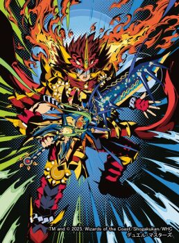 Rule 34 | 1boy, 2025, armor, armored boots, assault visor, blue visor, boots, brown hair, commentary request, copyright notice, duel masters, fiery hair, fingerless gloves, glenmalt (duel masters), gloves, gold armor, hair between eyes, holding, holding sword, holding weapon, horns, japanese armor, momose hisashi, multicolored armor, official art, open mouth, red armor, red gloves, red scarf, scarf, single horn, solo, sword, teeth, weapon