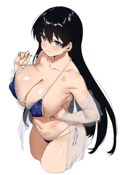 1girl arato_nagi bare_shoulders bikini bikini_top_pull black_hair blue_bikini blue_eyes blush breasts cleavage closed_mouth commentary covered_erect_nipples earrings hair_between_eyes highres huge_breasts jacket jewelry long_hair looking_at_viewer navel open_clothes open_jacket pulling_own_clothes ruri_no_houseki see-through_clothes see-through_jacket side-tie_bikini_bottom simple_background skindentation solo stomach string_bikini stud_earrings swimsuit tomohiro_kai white_background