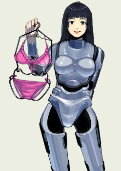 Rule 34 | 1girl, android, animification, arm behind back, black eyes, black hair, bra, brown background, clothes hanger, commentary request, holding, holding clothes hanger, hrp-4c, joints, lingerie, long hair, panties, pink panties, real life, revision, robot, robot joints, sakamoto kengo, simple background, smile, solo, swimsuit hanger, underwear, unworn bra, unworn panties