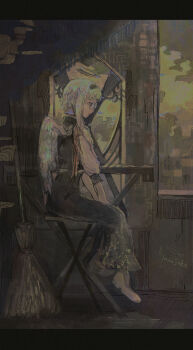 1girl absurdres angel angel_wings artist_name broom commentary_request dress feathered_wings full_body glasses hands_on_lap highres letterboxed long_dress muted_color nyannsaka on_stool original partial_commentary round_eyewear short_hair sitting table white_hair wings