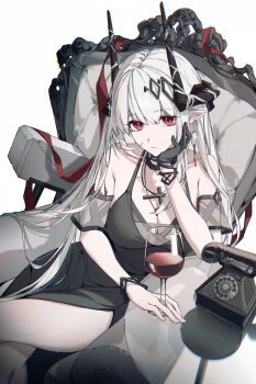 1girl absurdres antique_phone arknights bare_shoulders black_dress black_gloves breasts cleavage corded_phone cup demon_girl demon_horns dress drinking_glass earrings expressionless gloves hair_between_eyes hand_on_own_cheek hand_on_own_face hand_up head_rest highres horns jewelry large_breasts leria_v light_frown long_hair mudrock_(arknights) mudrock_(obsidian)_(arknights) phone red_eyes rotary_phone sitting sitting_on_throne sleeveless sleeveless_dress slit_pupils solo thighs very_long_hair white_hair wine_glass