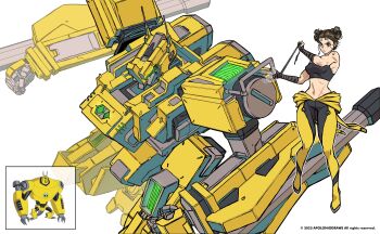 1girl absurdres alien apoloniodraws armadillo_ears armadillo_tail armodrillo armor bandaged_arm bandages ben_10 ben_10:_omniverse black_eyes brown_hair double_bun genderswap genderswap_(mtf) hair_bun highres holding_bandages jumpsuit looking_at_viewer mecha mechanical_arms mechanical_legs omnitrix robot scar scar_on_stomach yellow_armor yellow_jumpsuit