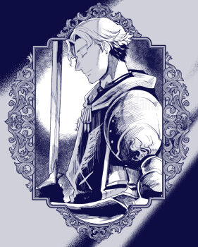 1boy armor character_request closed_eyes closed_mouth commentary_request from_side holding holding_sword holding_weapon kachidama male_focus monochrome octopath_traveler short_hair signature solo sword upper_body weapon