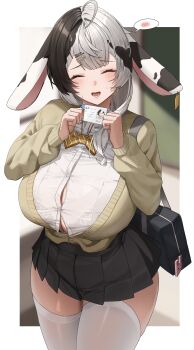 1girl absurdres ahoge animal_ears baejjal_(vtuber) bag black_hair black_skirt blush border bow bowtie breasts brown_cardigan button_gap cardigan cleavage closed_eyes commentary cow_ears cowboy_shot diagonal-striped_bow diagonal-striped_bowtie diagonal-striped_clothes highres holding holding_id_card huge_breasts id_card indie_virtual_youtuber multicolored_hair open_mouth pleated_skirt school_bag second-party_source shirt shoulder_bag skirt solo spoken_blush standing striped_bow striped_bowtie striped_clothes sweatdrop tachibana-san thighhighs two-tone_hair virtual_youtuber white_border white_hair white_shirt white_thighhighs yellow_bow yellow_bowtie