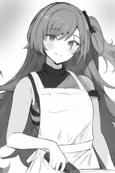 1girl apron blush bow commentary_request elmo_dormitory_outfit girls'_frontline girls'_frontline_2:_exilium greyscale hair_between_eyes hair_bow leva_(girls'_frontline_2) long_hair looking_at_viewer monochrome one_side_up raifu_(rf) scar scar_across_eye scar_on_face shirt sidelocks sleeveless sleeveless_shirt smile solo turtleneck turtleneck_shirt ump45_(girls'_frontline) upper_body very_long_hair