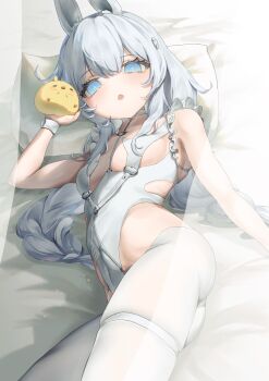 absurdres animal_ears artist_request ass azur_lane bed bed_sheet braid breastless_clothes breastless_leotard choker crotchless crotchless_pantyhose fake_animal_ears highres le_malin_(azur_lane) le_malin_(listless_lapin)_(azur_lane) leotard low_twin_braids lying manjuu_(azur_lane) o-ring o-ring_choker official_alternate_costume on_back on_bed pantyhose pillow playboy_bunny rabbit_ears rabbit_tail tail twin_braids white_leotard wrist_cuffs