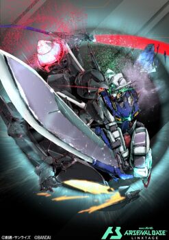 Rule 34 | card (medium), commentary request, company name, copyright logo, copyright name, copyright notice, glowing, glowing eyes, gn drive, gn flag, gn sword, green eyes, gundam, gundam 00, gundam arsenal base, gundam exia, logo, mecha, mecha focus, mobile suit, moyashi koubou, no humans, official art, robot, science fiction, union flag, v-fin, weapon