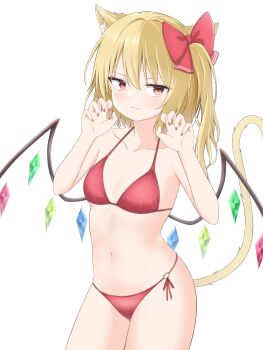 >:) 1girl absurdres alternate_costume animal_ear_fluff animal_ears bare_arms bare_shoulders bikini blonde_hair blush bow breasts cat_ears cat_girl cat_tail claw_pose closed_mouth collarbone commentary cowboy_shot crystal_wings eyelashes fingernails flandre_scarlet hair_between_eyes hair_bow halterneck hands_up highres kemonomimi_mode looking_at_viewer medium_hair navel no_headwear o-ring o-ring_bikini o-ring_bottom one_side_up red_bikini red_bow red_eyes side-tie_bikini_bottom simple_background small_breasts smile smug solo swimsuit szl tail tail_raised touhou tsurime v-shaped_eyebrows white_background wings