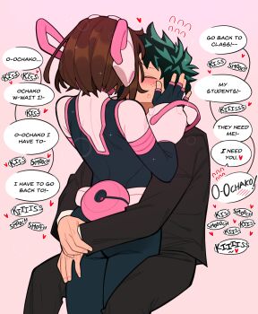 1boy 1girl absurdres ass black_bodysuit black_jacket black_pants blush bodysuit boku_no_hero_academia brown_hair english_text flying_sweatdrops freckles green_hair headset heart hetero highres implied_kiss jacket loopvoid midoriya_izuku multicolored_bodysuit pants pink_bodysuit short_hair speech_bubble sweat uraraka_ochako uraraka_ochako_(hero_outfit)