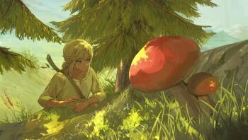 1boy absurdres blonde_hair blue_eyes grass hair_between_eyes highres jaezelda link low_ponytail male_focus medium_hair mushroom nature nintendo outdoors parted_lips pine_tree pointy_ears ponytail shirt sidelocks solo the_legend_of_zelda the_legend_of_zelda:_breath_of_the_wild tree upper_body white_shirt