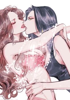 2girls anssel3 arms_around_neck black_hair black_tank_top bra brown_hair closed_eyes commentary corrupted_twitter_file genderswap genderswap_(mtf) hand_on_another&#039;s_waist he_xuan highres long_hair multiple_girls open_mouth panties parted_lips pink_bra pink_lips pink_panties shi_qingxuan simple_background tank_top tianguan_cifu underwear white_background yellow_eyes yuri