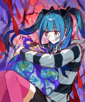 Rule 34 | 1girl, amemiya darumi, black bow, black hair, black roots, black shirt, black skirt, blood, blue hair, bow, commentary request, ear piercing, facial mark, hair bow, heart, heart facial mark, highres, holding planet, hugging object, lella (piyotto22), long hair, makeup, multicolored hair, piercing, pink eyes, pink thighhighs, planet, roots (hair), runny makeup, shirt, skirt, solo, striped clothes, striped shirt, the hundred line -last defense academy-, thighhighs, twintails, two-tone shirt, white shirt