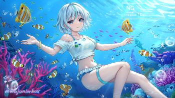 1girl bikini bikini_skirt blue_bikini blue_eyes breasts character_request closed_mouth clownfish commentary commentary_request commission copyright_request fish highres looking_at_viewer medium_breasts medium_hair navel shirt smile solo swimsuit thigh_strap tied_shirt underwater wajuniorbox white_shirt