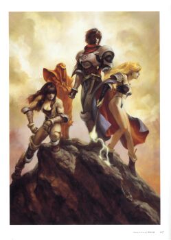 2boys 2girls absurdres ares_toraernos armor artbook belt bikini_armor black_hair blonde_hair boots border bra brandish breastplate breasts brown_hair cape cleavage dela_delon elbow_gloves elbow_on_knee energy fingerless_gloves gauntlets gloves highres jinza_(brandish) leotard long_hair mask multiple_boys multiple_girls ninja official_art on_rock pauldrons purple_boots purple_bra purple_cape purple_gloves robe scan scarf sheath sheathed short_hair shoulder_armor single_pauldron squatting suemi_jun sword thong_leotard umber_(brandish) underwear wand warrior weapon white_border witch