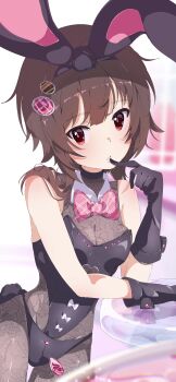 1girl absurdres alternate_costume animal_ears bare_shoulders black_gloves black_hair black_leotard black_panties blush bodysuit bow bowtie breasts cleavage collar commentary_request cowboy_shot detached_collar fake_animal_ears fake_tail finger_to_mouth gloves hair_ornament hand_on_table highleg highleg_leotard highres kono_subarashii_sekai_ni_shukufuku_wo! lace_bodysuit leotard looking_at_viewer medium_breasts megumin nazonaji nontraditional_playboy_bunny panties parted_lips pink_bow pink_bowtie rabbit_ears rabbit_tail red_eyes short_hair_with_long_locks sleeveless sleeveless_bodysuit solo tail thigh_gap too_many_bows underwear white_collar