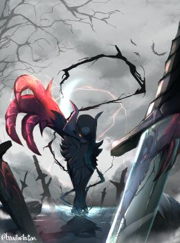 Rule 34 | absol, absurdres, asymmetrical horns, bare tree, black fur, bo (bouillustration), claws, cloud, cloudy sky, commentary request, electricity, gen 3 pokemon, glowing, glowing eyes, grey sky, highres, horns, mega absol, mega pokemon, neck fur, nintendo, no humans, orange eyes, planted, planted sword, planted weapon, pokemon, pokemon (creature), pokemon focus, reflection, sky, sword, tree, uneven horns, water, weapon