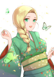 Rule 34 | 1girl, absurdres, aqua kimono, bianca (dq5), blonde hair, blue eyes, blurry, blurry foreground, braid, breasts, bug, butterfly, c-diamond, commentary request, dragon quest, dragon quest keshi keshi, dragon quest v, green nails, hair over shoulder, hand up, highres, insect, japanese clothes, kimono, long hair, long sleeves, looking at viewer, medium breasts, nail polish, obi, official alternate costume, open mouth, print kimono, sash, simple background, single braid, smile, solo, upper body, white background, wide sleeves, yellow sash