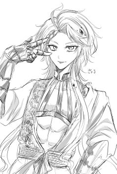 1boy abs apollo_(shuumatsu_no_valkyrie) armor armored_gloves closed_mouth collarbone floral_print gloves greyscale hand_up highres jewelry laurel_crown laurel_wreath leaf_print long_hair long_sleeves looking_at_viewer male_focus monochrome muscular muscular_male obi peace pectorals revealing_clothes sash shuumatsu_no_valkyrie smile solo toga toned toned_male upper_body v wreath