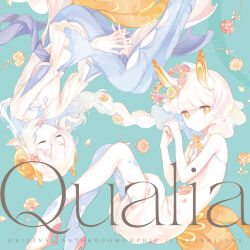 Rule 34 | 2girls, animal ears, aqua background, bright pupils, closed eyes, closed mouth, curled horns, full body, hands up, high heels, highres, horns, kinutani yutaka, looking at viewer, medium hair, monster girl, multiple girls, orange eyes, orange horns, original, own hands clasped, own hands together, sea slug girl, simple background, tail, white hair, white pupils