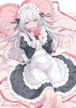 Rule 34 | blush, commentary request, gift, grey hair, hair ornament, highres, looking at viewer, maid, on bed, original, pink ribbon, ribbon, shy, yoshino ryou