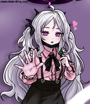 1girl ahoge artist_name black_halo blue_archive blush breasts candy commentary_request demon_girl demon_horns food halo highres hina_(blue_archive) holding holding_candy holding_food holding_lollipop horns jirai_kei lollipop long_hair oddman1234 open_mouth purple_eyes small_breasts solo very_long_hair white_hair