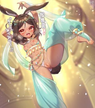 1girl animal_ears armpits arms_up azur_lane bar_censor breasts brown_eyes brown_hair censored clothing_aside crotchless dancer dancing dark-skinned_female dark_skin harem_outfit harem_pants highres i-26_(azur_lane) jewelry leg_up loli navel nipples open_mouth panties panties_aside pants pussy rabbit_ears rabbit_tail short_hair small_breasts smile solo standing standing_on_one_leg tail underwear variant_set yufukiri