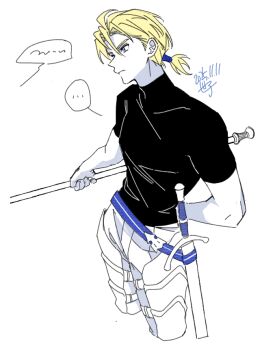 ... 1boy arm_behind_back armor black_shirt blonde_hair blue_eyes closed_mouth commentary_request cropped_legs dated dimitri_alexandre_blaiddyd fire_emblem fire_emblem:_three_houses fire_emblem_warriors:_three_hopes holding holding_polearm holding_weapon male_focus nintendo polearm ponytail seza_fe3h shirt short_ponytail short_sleeves signature simple_background solo speech_bubble spoken_ellipsis sword weapon white_background