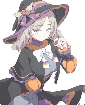 1girl black_hat black_jacket blue_eyes bow bowtie breasts ceras_yanagida_lilienfeld closed_mouth commentary cowboy_shot grey_hair grey_shorts hat hat_bow highres holding jacket junnatsu large_breasts leaning_forward link!_like!_love_live! looking_at_viewer love_live! official_alternate_costume open_clothes open_jacket orange_bow parted_bangs polka_dot polka_dot_bow purple_bow short-sleeved_jacket short_sleeves shorts smile solo split_mouth trick_&amp;_cute_(love_live!) two-tone_bow virtual_youtuber white_bow white_bowtie witch_hat