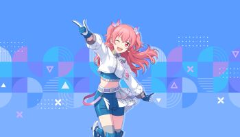 1girl ;d belt blue_background blue_gloves blue_shorts colorful_palette cropped_jacket ear_piercing earrings finger_gun foot_out_of_frame game_cg gloves grey_socks grin grow_glorious_glow_(project_sekai) highres jacket jewelry momoi_airi official_art one_eye_closed open_mouth piercing pink_hair project_sekai purple_belt red_eyes shorts single_earring smile socks solo teeth third-party_source tongue triangle two-tone_gloves two_side_up white_gloves white_jacket