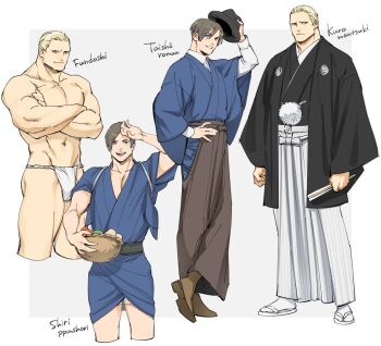 2boys abs bara basket blonde_hair blue_eyes blue_kimono brown_hair closed_mouth crossed_arms folding_fan food fundoshi hand_fan haori hat holding holding_basket holding_unworn_clothes holding_unworn_hat jack_krauser japanese_clothes kimono large_pectorals leon_s._kennedy looking_at_viewer male_focus multiple_boys muscular muscular_male navel open_mouth pectorals resident_evil resident_evil:_the_darkside_chronicles resident_evil_4 short_hair smile tatsumi_(psmhbpiuczn) thighs unworn_hat unworn_headwear yukata