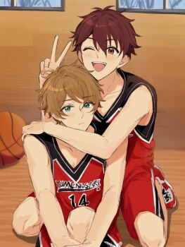 2boys absurdres ball basketball_(object) blush brown_hair chinese_commentary commentary_request ensemble_stars! eyes_visible_through_hair fua1heyvot4ifsr green_eyes hair_between_eyes highres indoors knee_up kneeling looking_at_viewer male_focus mixed-language_commentary morisawa_chiaki multiple_boys official_alternate_costume one_eye_closed open_mouth partial_commentary shoes short_hair shorts sleeveless smile sportswear takamine_midori teeth upper_teeth_only v v-neck yaoi