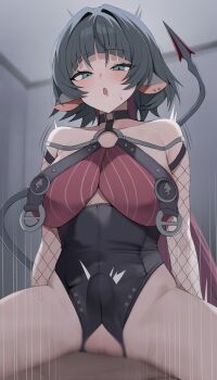 1boy 1girl absurdres animal_ears breasts censored commentary cowgirl_position english_commentary fishnet_sleeves fishnets green_eyes hetero highres jane_doe_(nocturne_of_light)_(zenless_zone_zero) jane_doe_(zenless_zone_zero) large_breasts mosaic_censoring mouse_ears mouse_girl mouse_tail official_alternate_costume paid_reward_available pussy redshark_(t373412) sex smile straddling tail two-tone_one-piece_swimsuit vaginal zenless_zone_zero