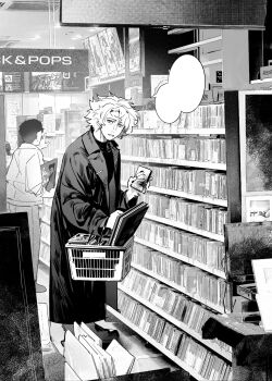 2boys blank_speech_bubble cd cd_case classicaloid coat commentary_request greyscale highres holding_cd looking_at_viewer ludwig_van_beethoven_(classicaloid) messy_hair monochrome multiple_boys octahooves parted_lips record_store shelf shirt shoes shop shopping_basket short_hair speech_bubble vinyl_record