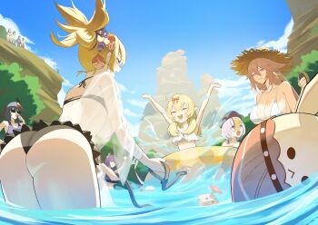 6+girls absurdres ass bikini black_bikini blonde_hair breasts cleavage closed_eyes closed_mouth commentary day double-parted_bangs earrings english_commentary frilled_bikini frills genshin_impact hair_between_eyes hair_ornament happy hat highres innertube jewelry klee_(genshin_impact) kujou_sara large_breasts long_hair looking_at_another mountain multiple_girls open_mouth oro_(lsg0624) outdoors people pink_hair purple_eyes purple_hair qiqi_(genshin_impact) raiden_shogun short_hair smile splashing straw_hat stud_earrings sunglasses swim_ring swimsuit wading water white_bikini yae_miko yoimiya_(genshin_impact)