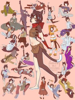 Rule 34 | 6+girls, :3, animal ears, apron, birthday, black hair, blue overalls, carya shagbark, casual, cat ears, cat girl, cat tail, closed mouth, coat, collared shirt, commentary request, dress, dungeon meshi, frilled apron, frills, full body, furry, furry female, grey dress, happy birthday, highres, izutsumi, long sleeves, maid, maid apron, maid headdress, mask, mouth mask, multiple girls, multiple persona, ninja, ninja mask, overalls, pink background, plaid clothes, plaid skirt, puffy long sleeves, puffy sleeves, red coat, red scarf, scarf, shirt, short hair, simple background, skirt, split, standing, standing on one leg, standing split, tail, white apron, white shirt, yellow eyes