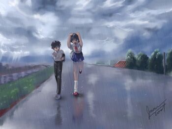 1boy 1girl bag brother_and_sister brown_eyes brown_hair cover cover_page gotou_kenji kneehighs older_sister original rain running school_bag school_uniform see-through_clothes siblings signature socks wet