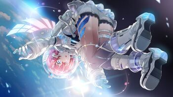 1girl blue_eyes boots floating game_asset gloves hair_ornament idolmaster idolmaster_shiny_colors idolmaster_shiny_colors_song_for_prism komiya_kaho official_art planet red_hair shoe_soles short_shorts shorts solo space spacesuit
