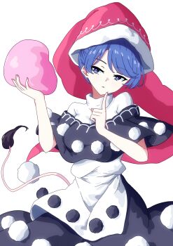 1girl absurdres black_capelet black_dress blob blue_eyes blue_hair breasts capelet commentary doremy_sweet dream_soul dress hat highres looking_at_viewer multicolored_dress nightcap pioartstuff pom_pom_(clothes) red_hat short_hair solo tail tapir_tail touhou transparent_background white_dress